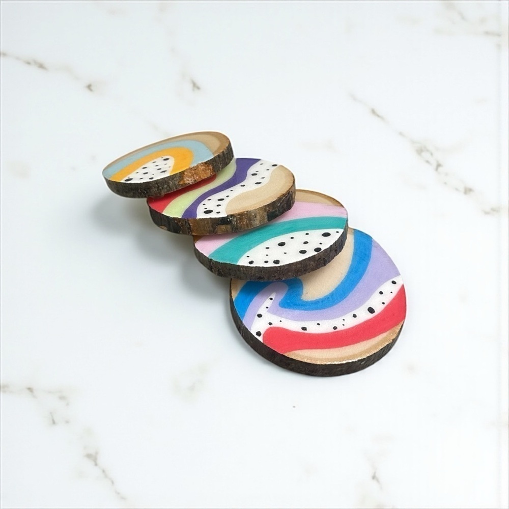 4 Handmade Raw Wood Drink Coasters With colorful design